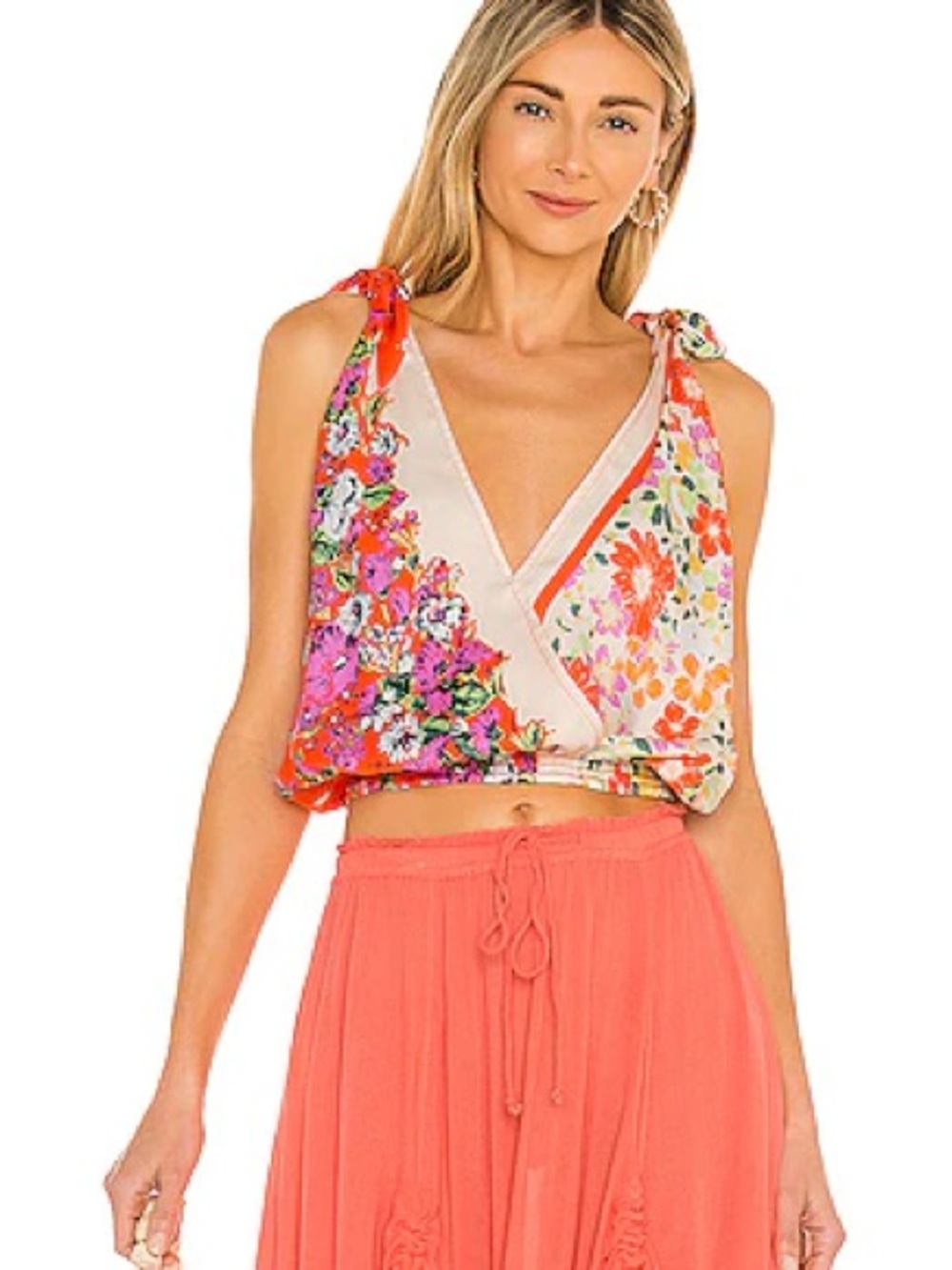 Free People Floral Print Tie to You Tank Top Shoulder V-Neck Crop Coral Multi XS